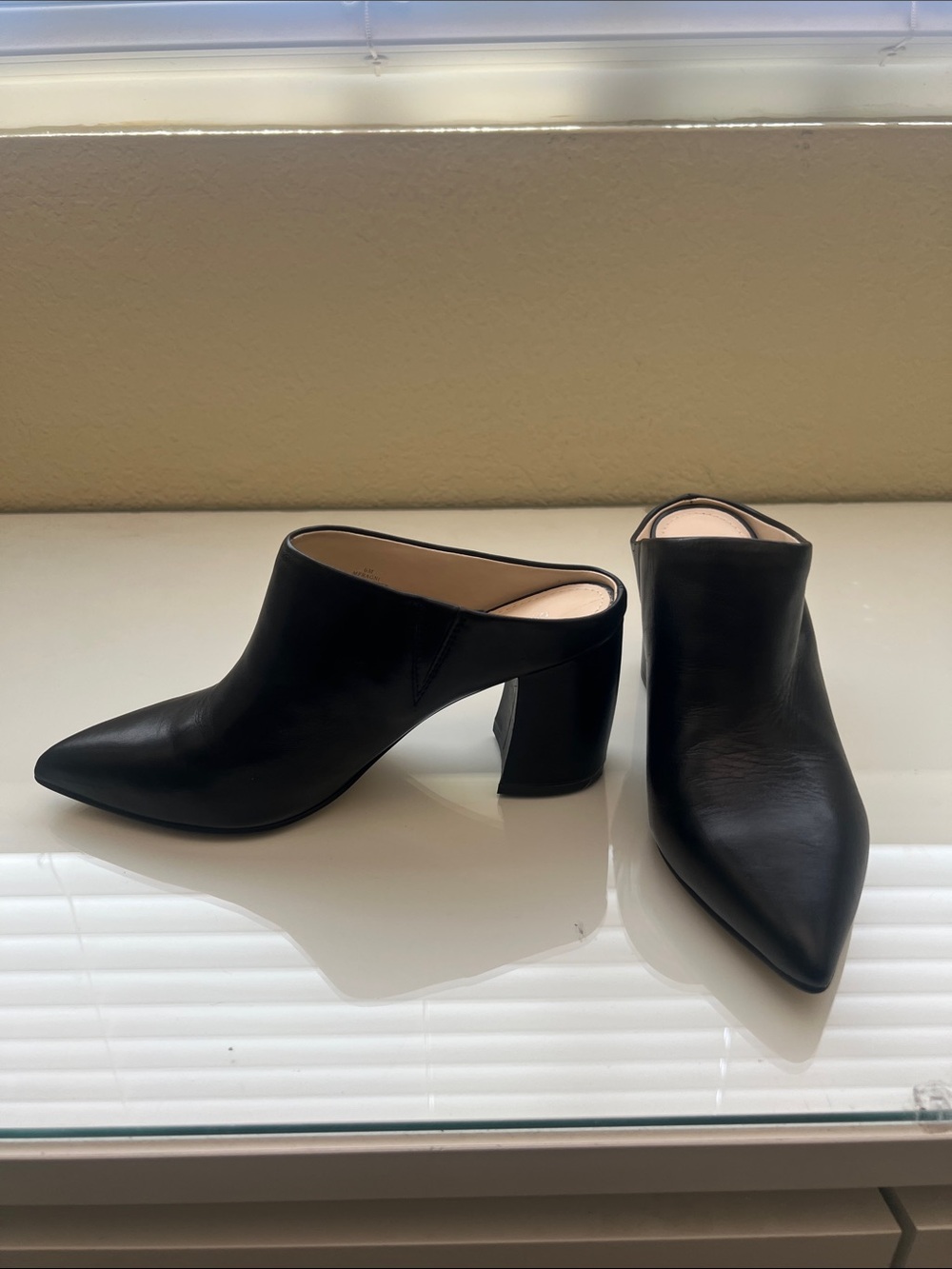 Black Pointed-Toe Leather Mule Heels
